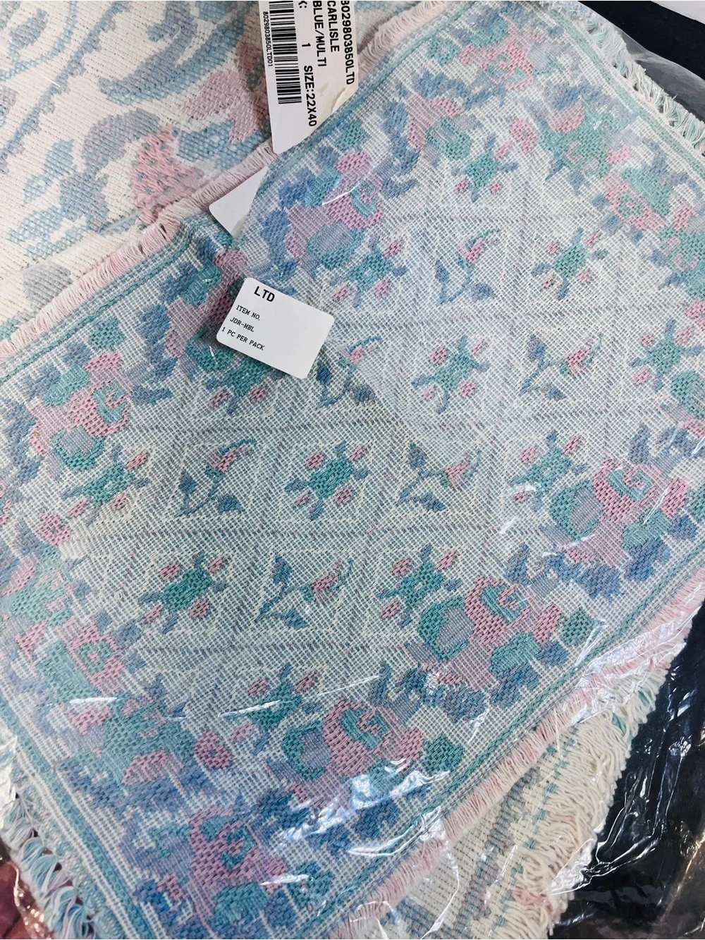 New Pastel Floral Woven 22 x 40 Throw Rug - Aqua & Pink and Placemat